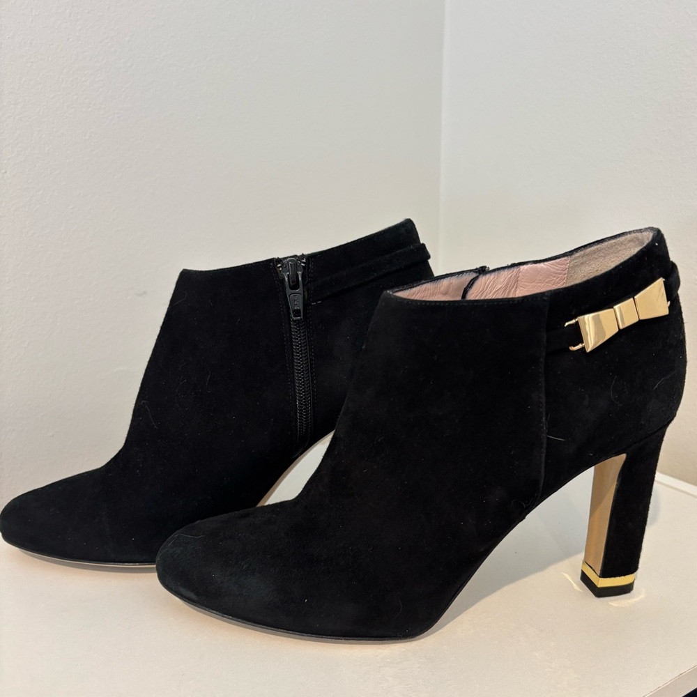 Kate Spade Black Heeled Boots with Gold Bow